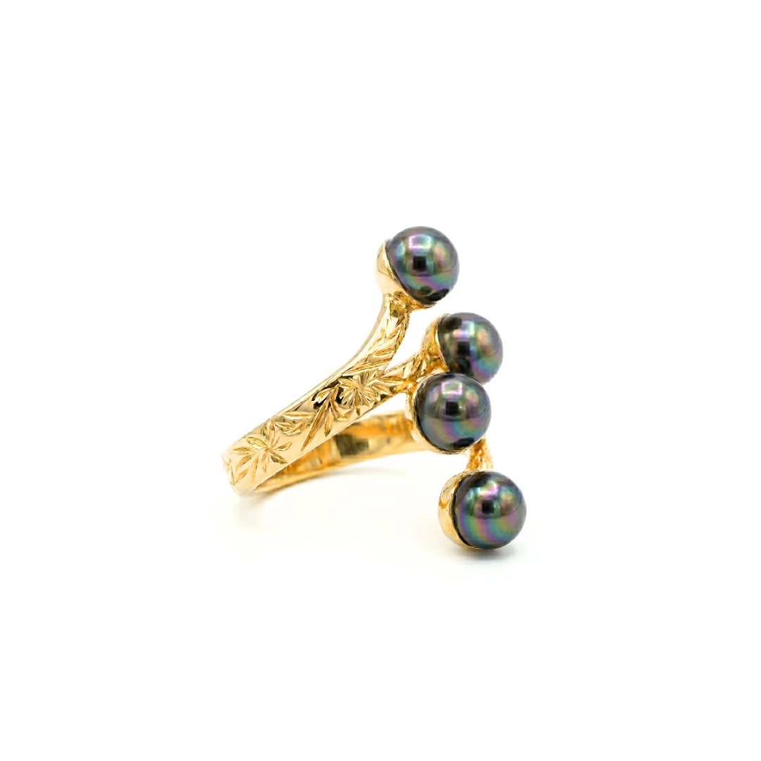 14K Gold Filled Adjustable Hawaiian Rainbow Black Pearl Ring – Multi-Pearl Bypass Statement Ring